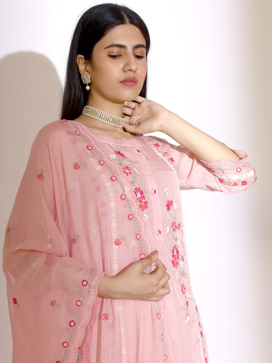 Floral Embroidered Round Neck Thread Work Straight Kurta with Trousers & Dupatta