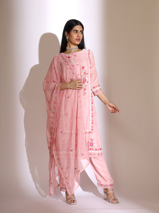Floral Embroidered Round Neck Thread Work Straight Kurta with Trousers & Dupatta