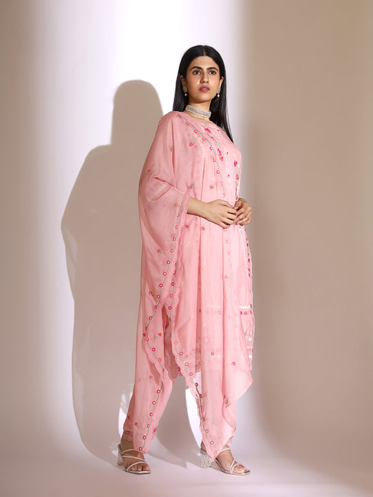 Floral Embroidered Round Neck Thread Work Straight Kurta with Trousers & Dupatta
