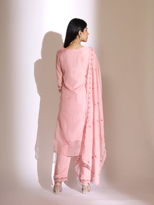 Floral Embroidered Round Neck Thread Work Straight Kurta with Trousers & Dupatta