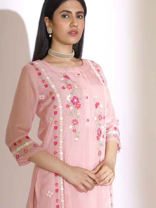 Floral Embroidered Round Neck Thread Work Straight Kurta with Trousers & Dupatta