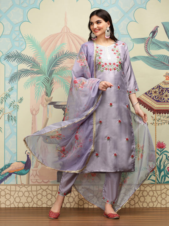 Floral Embroidered Thread Work Silk Chiffon Straight Kurta with Trousers & Dupatta