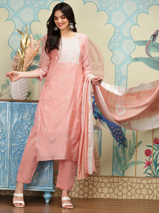 Ethnic Motifs Embroidered Thread Work Straight Kurta with Trousers & Dupatta