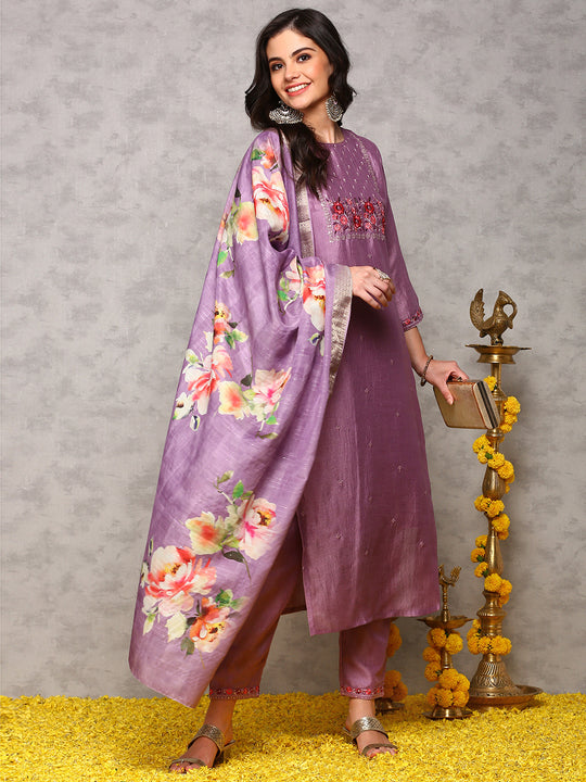 Floral Printed Round Neck Three-Quarter Sleeves Kurta Set