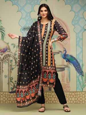 Black Floral Printed Regular Straight Kurta With Trousers & Dupatta