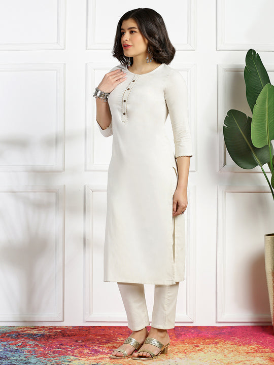 Round Neck Straight Kurta with Trousers & Dupatta