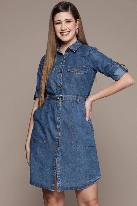 Women's Blue Denim Shirt Style Dress