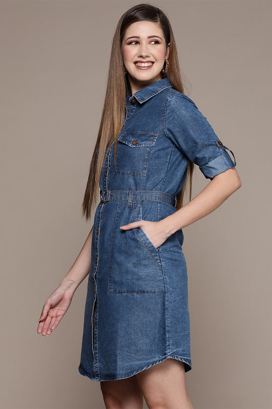 Women's Blue Denim Shirt Style Dress