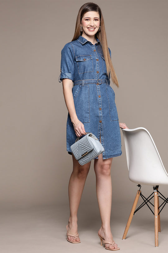 Women's Blue Denim Shirt Style Dress