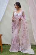 Baby Pink Organza Saree with White Blouse Piece