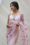 Baby Pink Organza Saree with White Blouse Piece