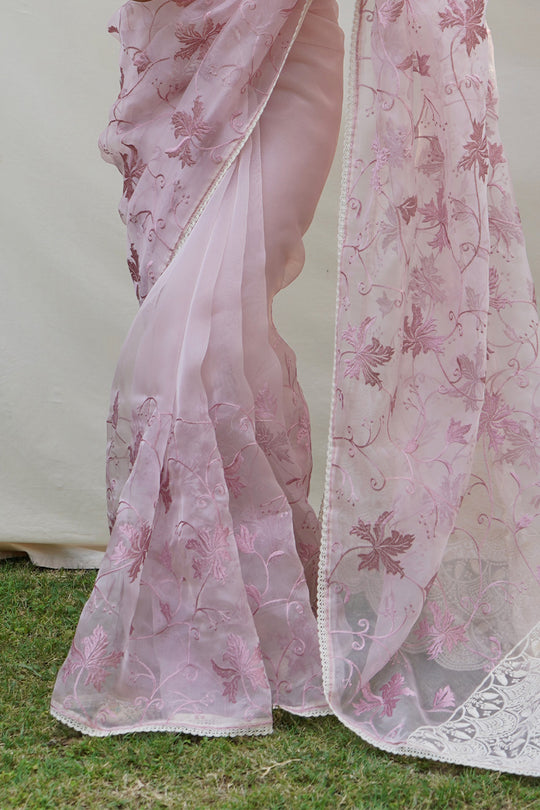 Baby Pink Organza Saree with White Blouse Piece