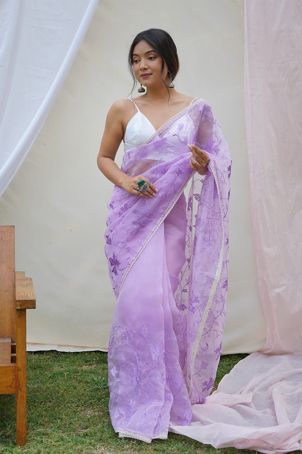 Buy Lavender Organza Saree with White Blouse Piece online Karagiri
