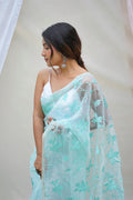 Sky Blue Organza Saree with White Blouse Piece