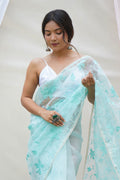 Sky Blue Organza Saree with White Blouse Piece