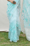 Sky Blue Organza Saree with White Blouse Piece