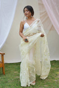 Yellow Organza Saree with White Blouse Piece