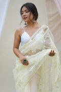 Yellow Organza Saree with White Blouse Piece