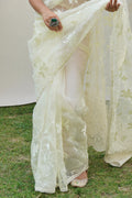 Yellow Organza Saree with White Blouse Piece