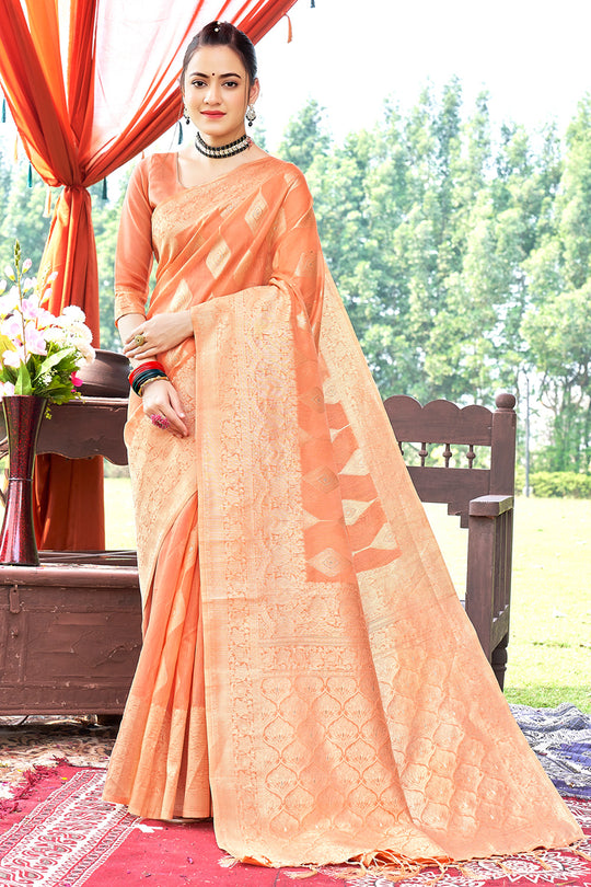 Salmon Peach Cotton Saree