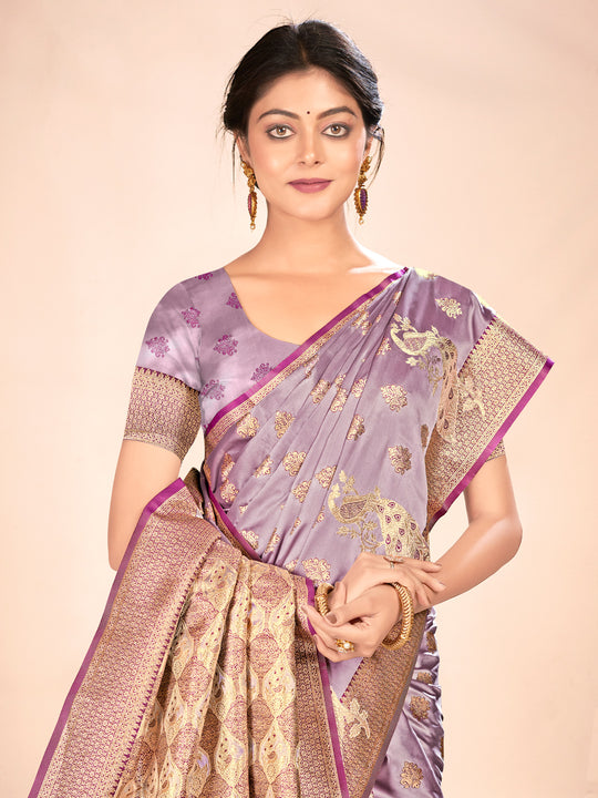 Purple Satin Silk Saree With Blouse Piece