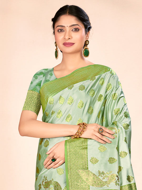 Green Satin Silk Saree With Blouse Piece