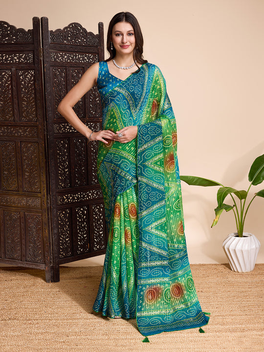 Green Weightless Poly Chiffon Saree With Blouse Piece