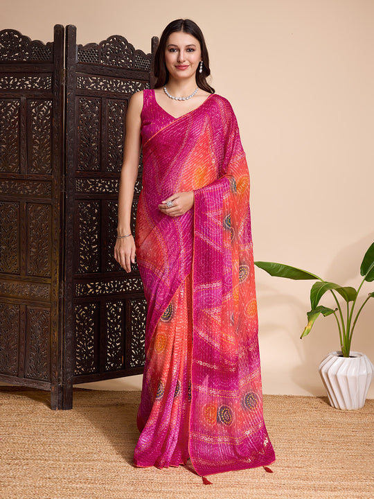 Pink Weightless Poly Chiffon Saree With Blouse Piece