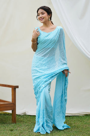 Sky Blue Georgette Saree With Blouse Piece