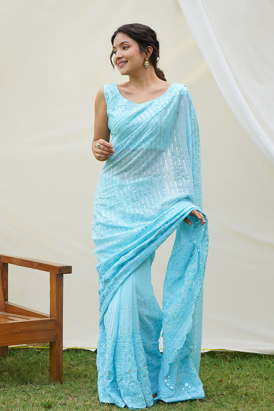 Sky Blue Georgette Saree With Blouse Piece