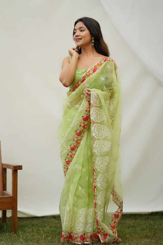 Green Organza Saree with Green Blouse Piece