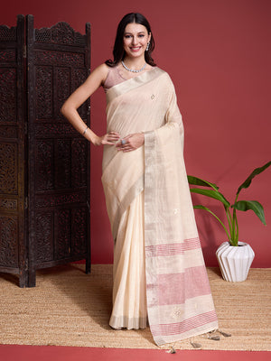 Beige  Linen Blend Saree With Blouse Piece