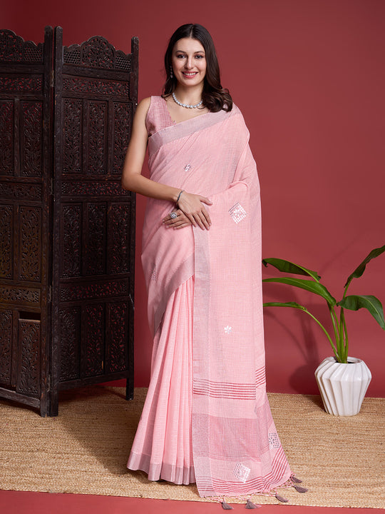 Peach Linen Blend Saree With Blouse Piece