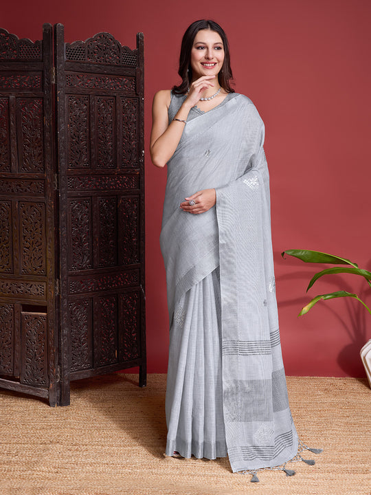 Grey Linen Blend Saree With Blouse Piece