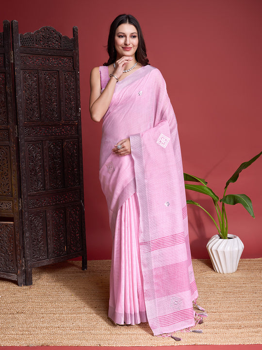 Pink Linen Blend Saree With Blouse Piece