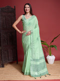 Green Linen Blend Saree With Blouse Piece