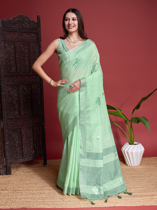 Green Linen Blend Saree With Blouse Piece