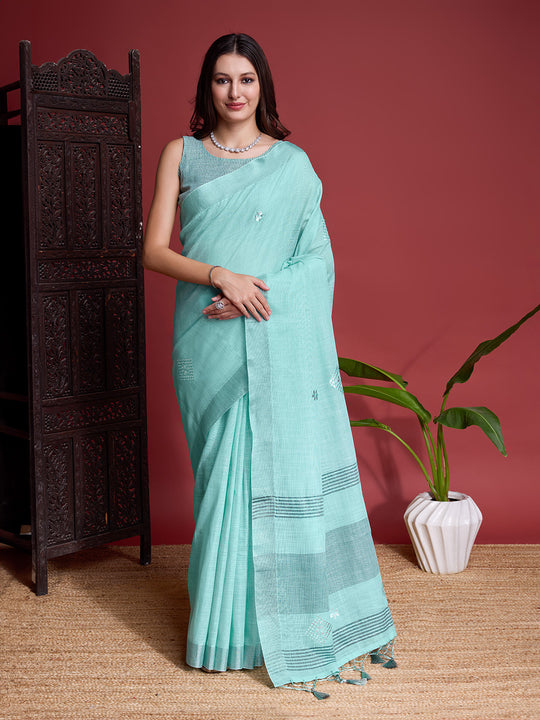 Turquoise Linen Blend Saree With Blouse Piece