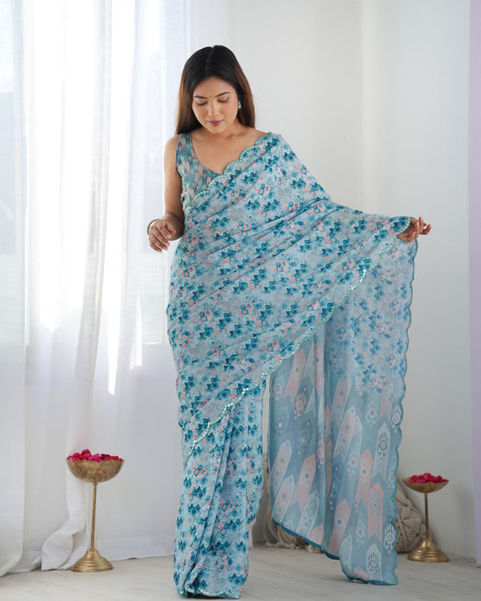 Sky Blue Chinon Print with Mirror Work Designer Saree with Blouse