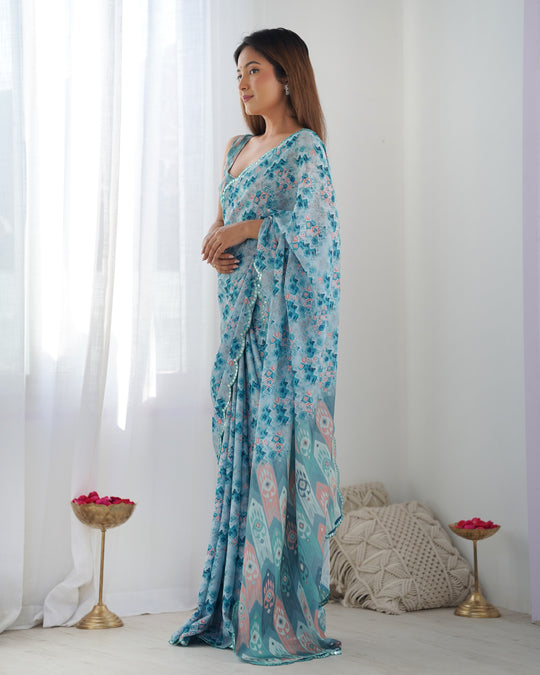 Sky Blue Chinon Print with Mirror Work Designer Saree with Blouse