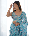 Sky Blue Chinon Print with Mirror Work Designer Saree with Blouse