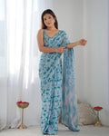 Sky Blue Chinon Print with Mirror Work Designer Saree with Blouse