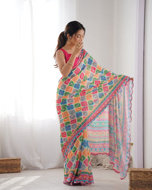 Multicolor Chinon Print with Mirror Work Designer Saree with Blouse