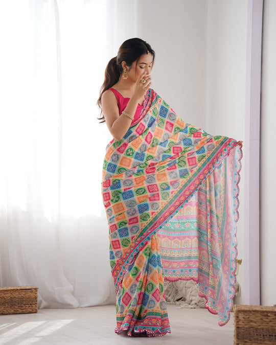 Multicolor Chinon Print with Mirror Work Designer Saree with Blouse