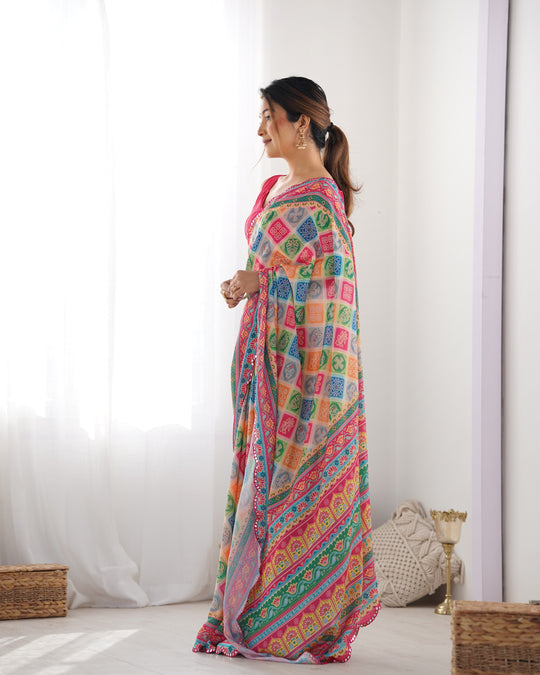 Multicolor Chinon Print with Mirror Work Designer Saree with Blouse