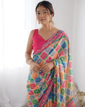 Multicolor Chinon Print with Mirror Work Designer Saree with Blouse