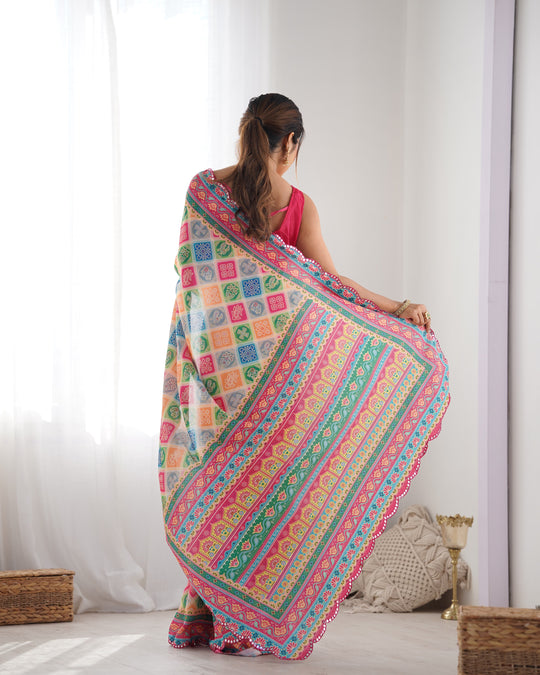 Multicolor Chinon Print with Mirror Work Designer Saree with Blouse