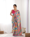 Multicolor Chinon Print with Mirror Work Designer Saree with Blouse