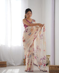 Off White Chinon Print with Mirror Work Designer Saree with Blouse