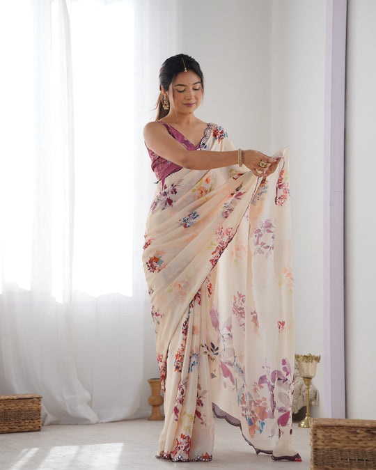 Off White Chinon Print with Mirror Work Designer Saree with Blouse
